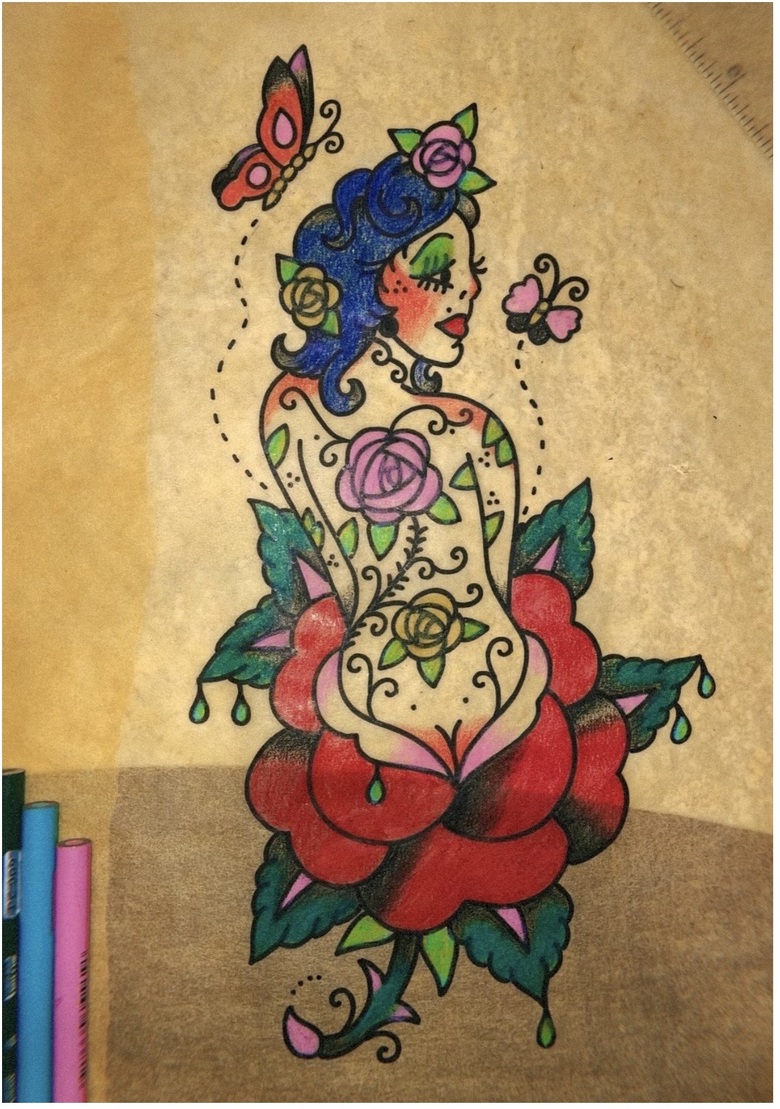 rose and butterfly woman