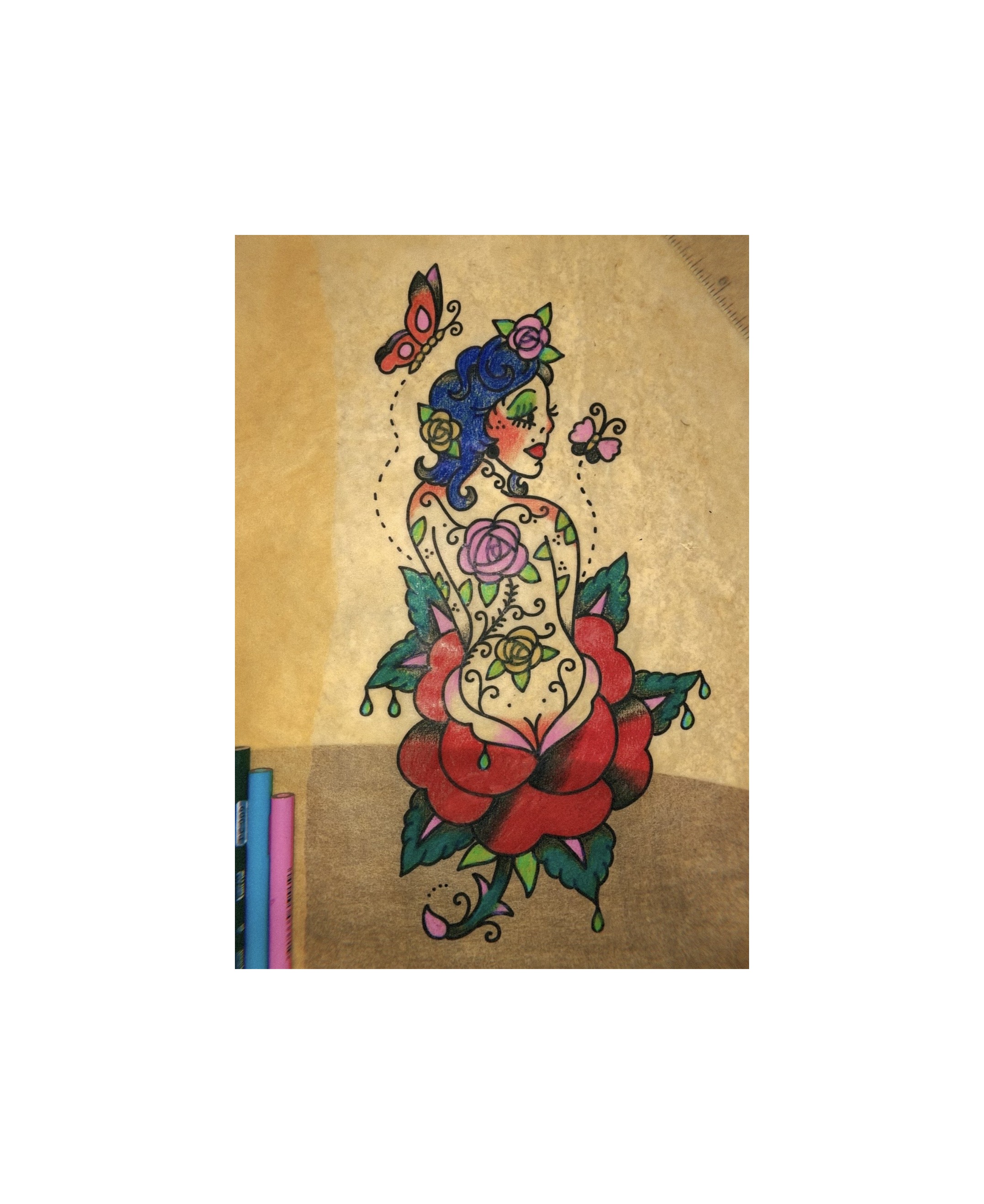 rose and butterfly woman